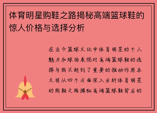 体育明星购鞋之路揭秘高端篮球鞋的惊人价格与选择分析